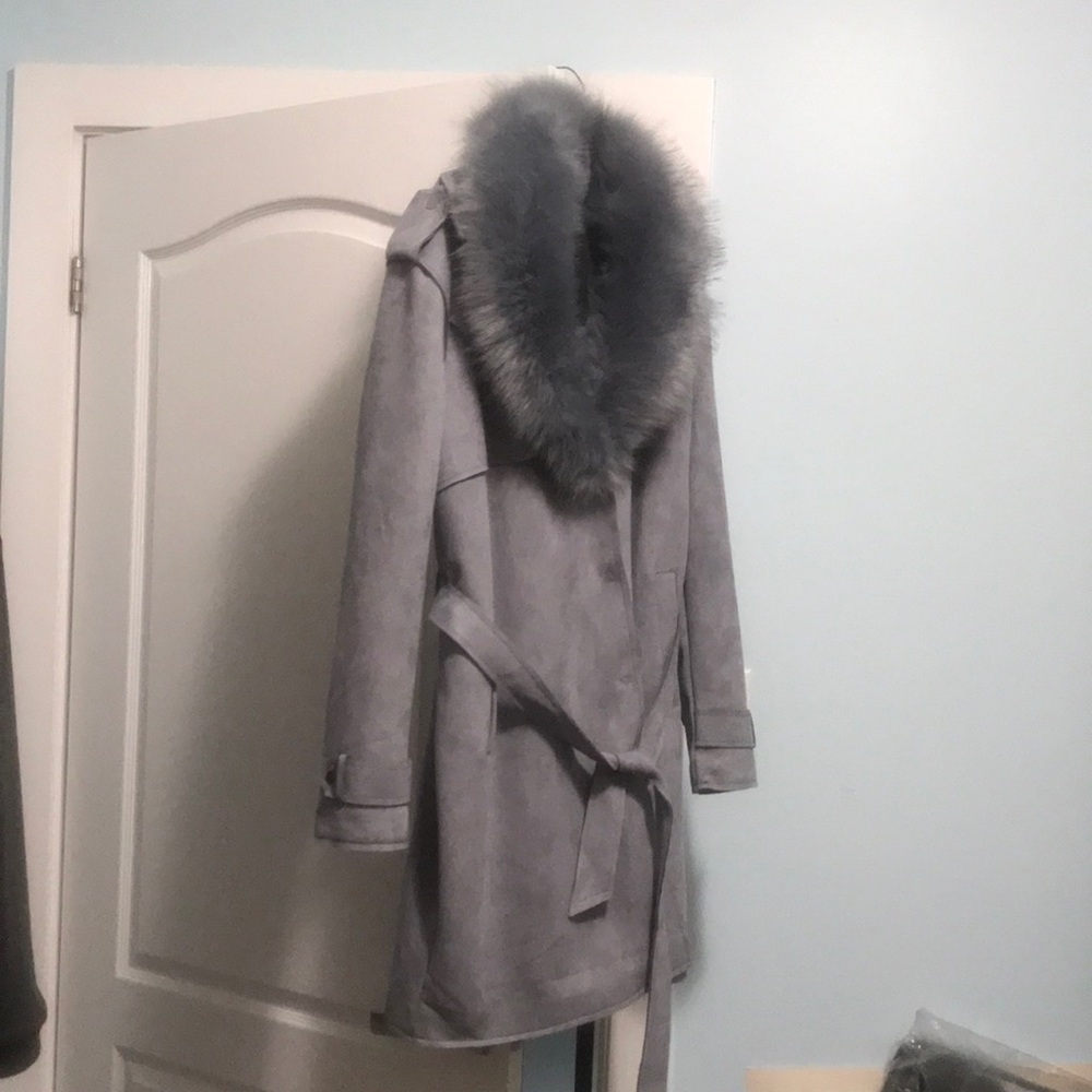 Grey Velvet Trench with faux fur collar and fleece